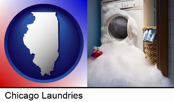 a washing machine with overflowing soap suds in a laundry in Chicago, IL