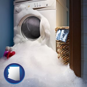 a washing machine with overflowing soap suds in a laundry - with Arizona icon