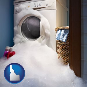 a washing machine with overflowing soap suds in a laundry - with Idaho icon