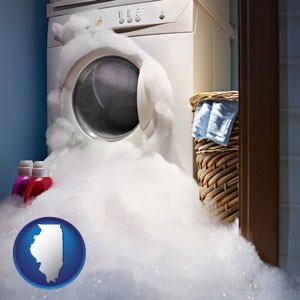 a washing machine with overflowing soap suds in a laundry - with Illinois icon