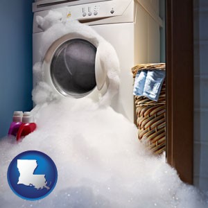 a washing machine with overflowing soap suds in a laundry - with Louisiana icon