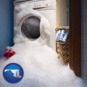 a washing machine with overflowing soap suds in a laundry - with Maryland icon