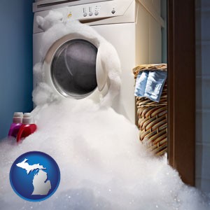 a washing machine with overflowing soap suds in a laundry - with Michigan icon