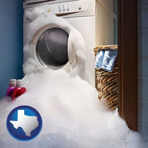 a washing machine with overflowing soap suds in a laundry - with Texas icon